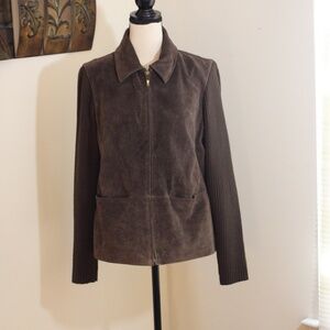 A.M.I. Leather Sweater Combo Full Zip Jacket, Dark Brown color